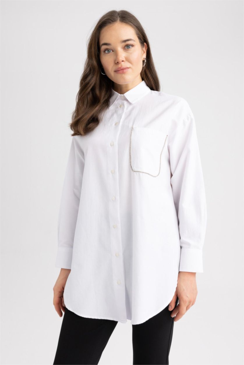 WOMAN White Regular Fit Poplin Long Sleeve Tunic