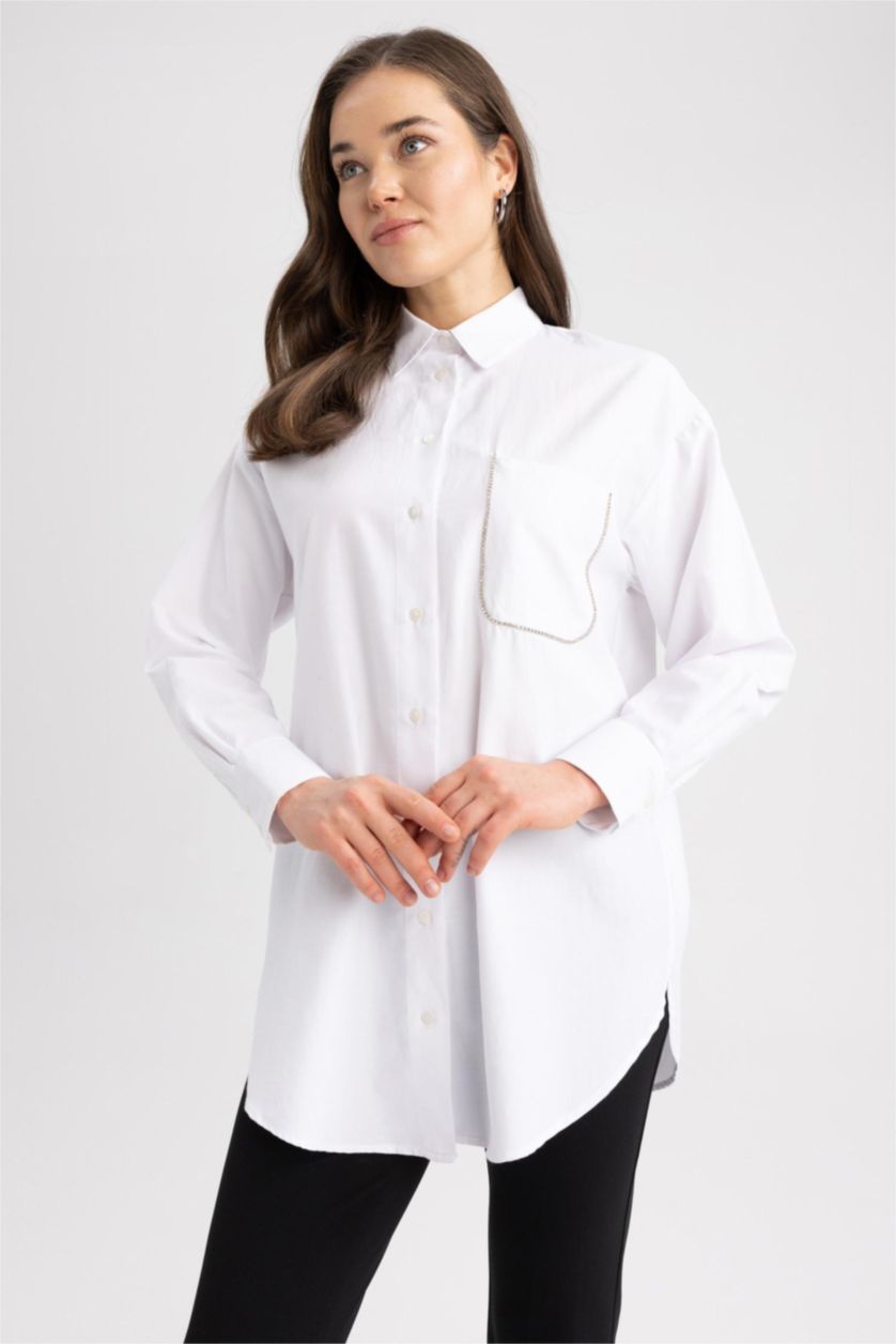 WOMAN White Regular Fit Poplin Long Sleeve Tunic