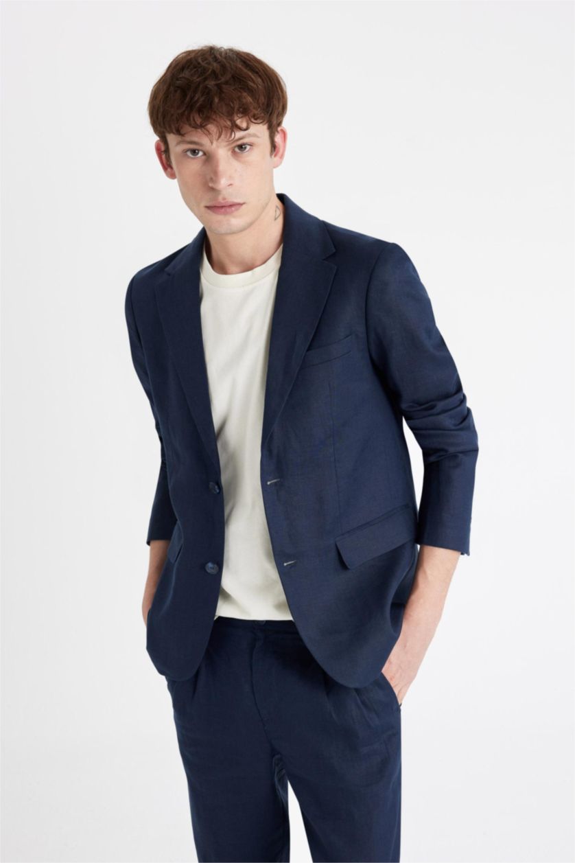 MAN NAVY Regular Fit Linen Blazer