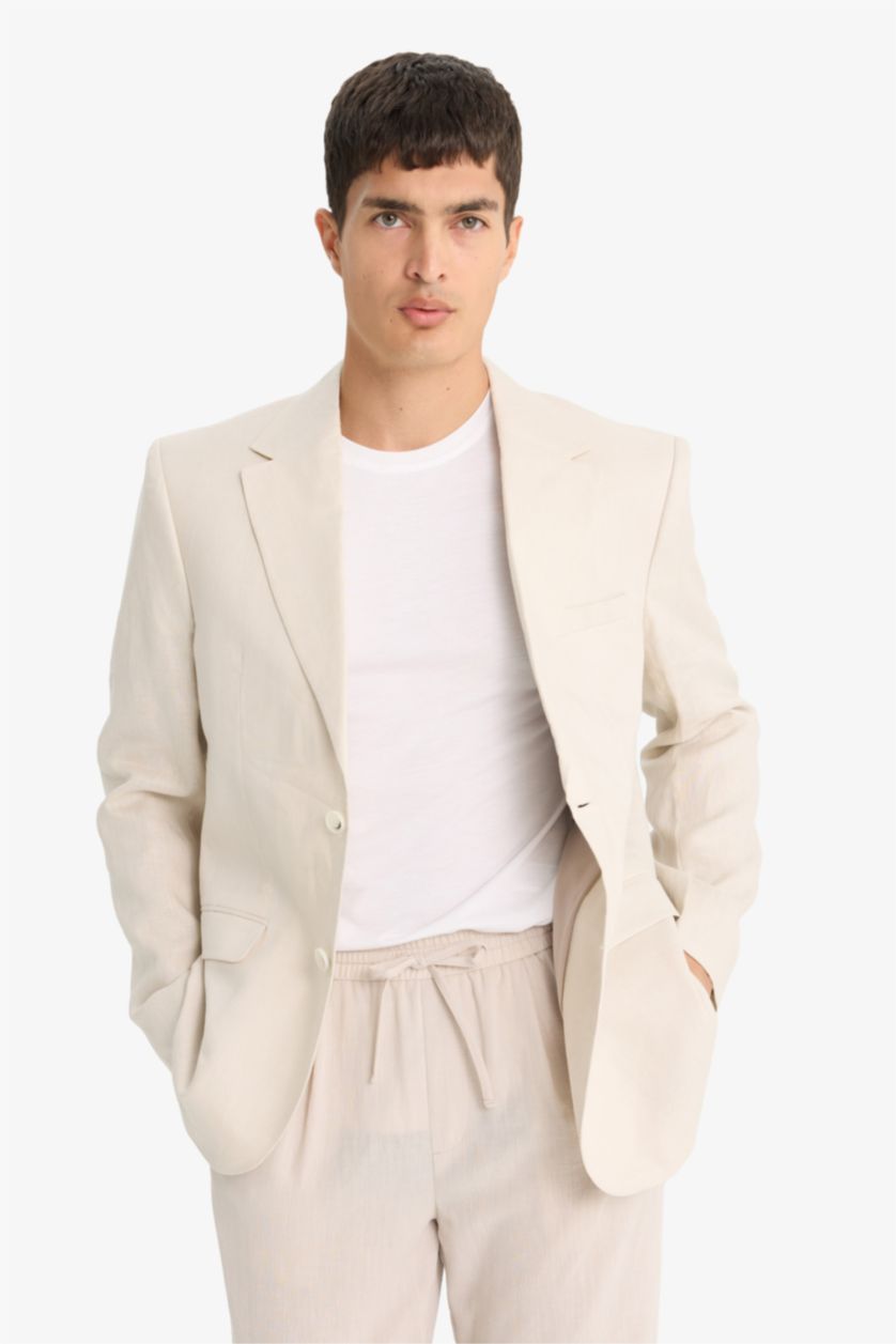MAN Beige Regular Fit Half Lining Linen Blazer Jacket