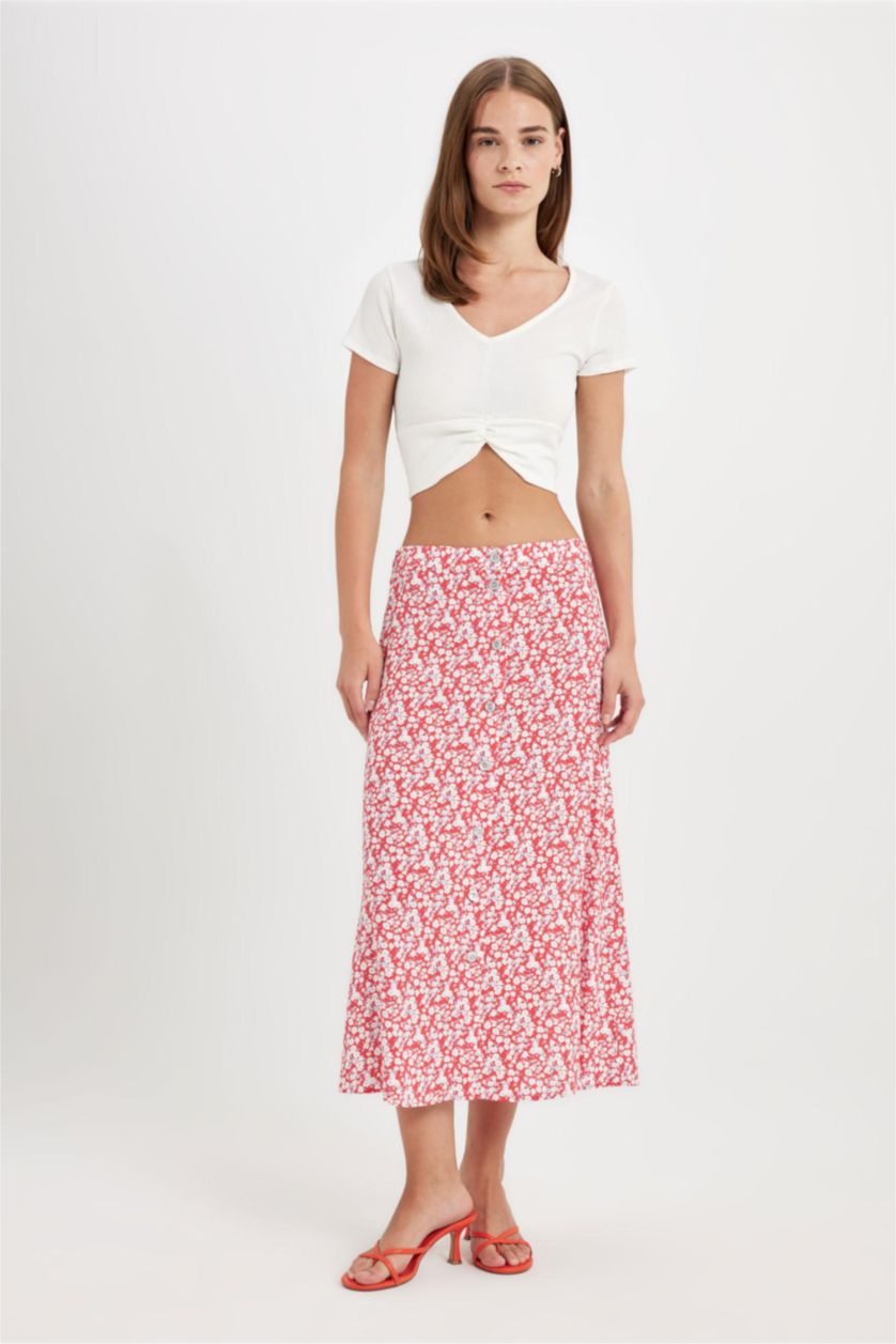 حريمي أحمر جيبة ميدي مطبوع قصة A بخصر عادي