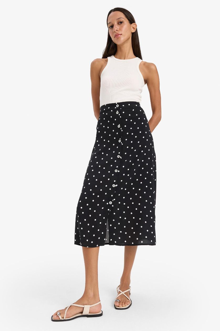 Kadın Siyah A Form Puantiyeli Düğmeli Normal Bel Midi Etek