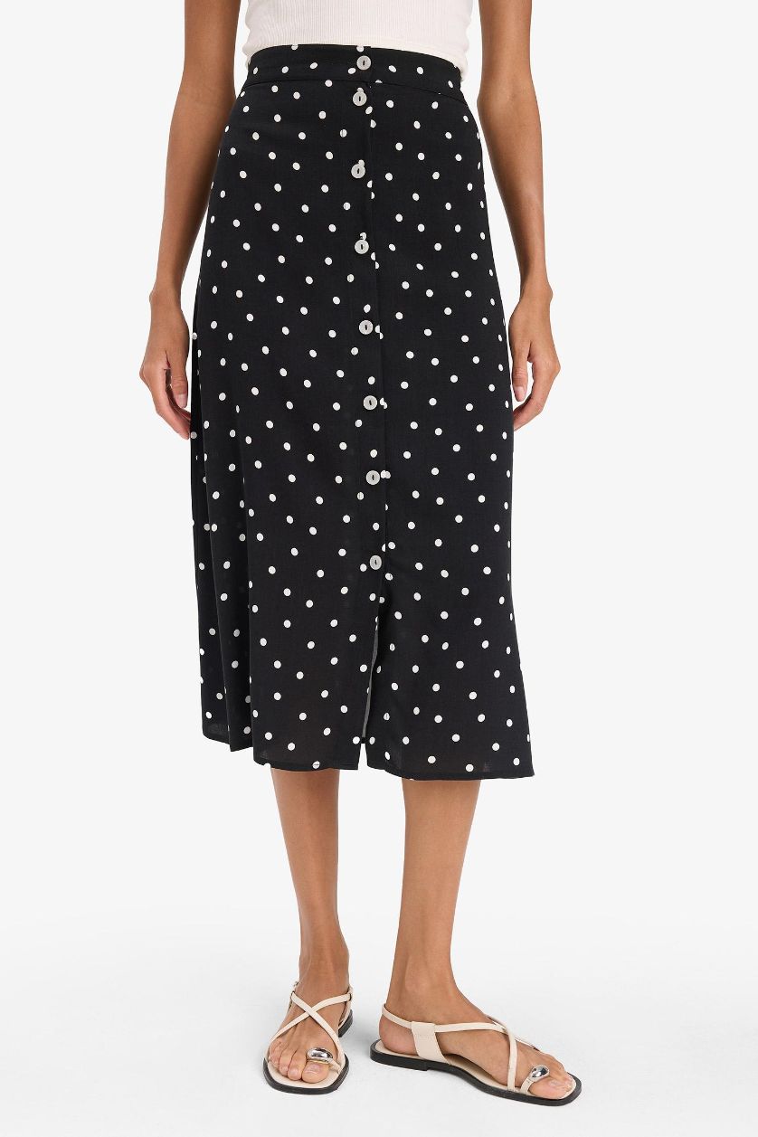 Kadın Siyah A Form Puantiyeli Düğmeli Normal Bel Midi Etek
