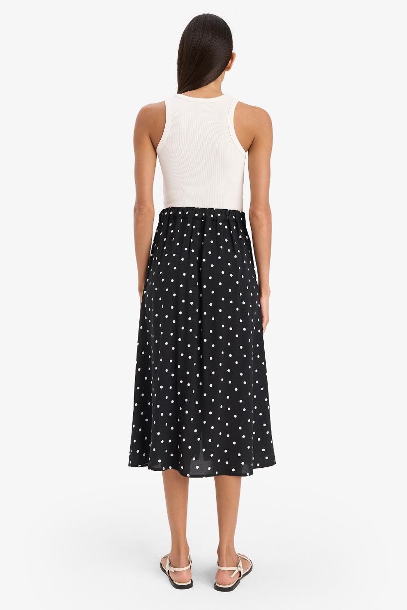 Kadın Siyah A Form Puantiyeli Düğmeli Normal Bel Midi Etek