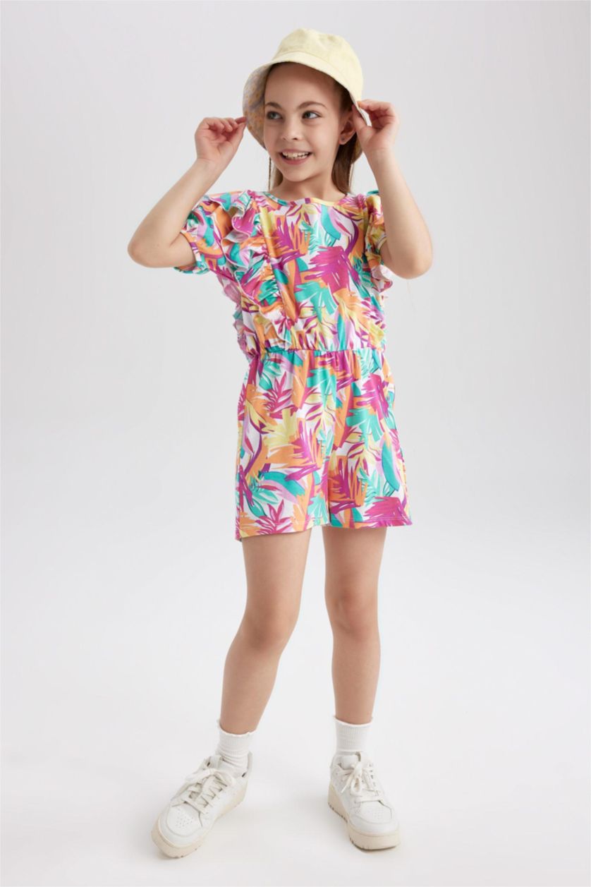 Girls & Teens White Girl Patterned Short Sleeve Jumpsuit