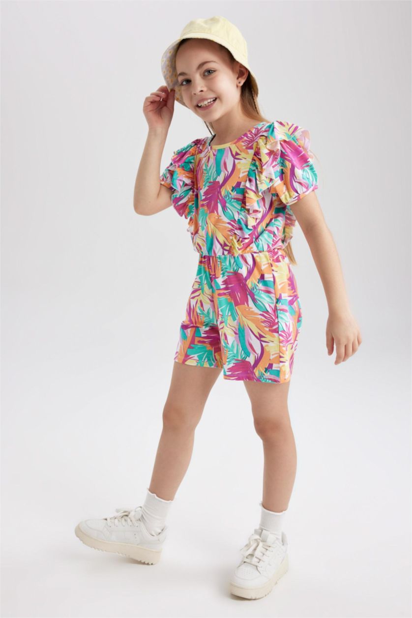 Girls & Teens White Girl Patterned Short Sleeve Jumpsuit