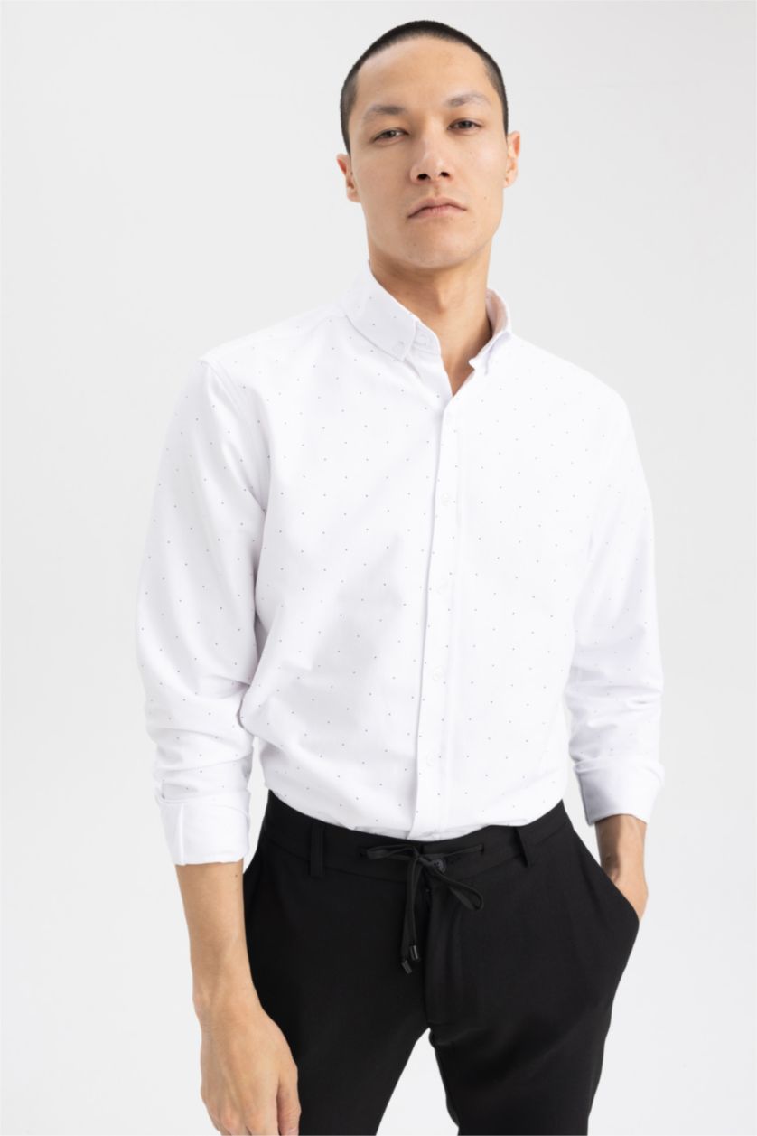 HOMME Blanc Chemise en coton imprimée à manches longues Coupe Moderne