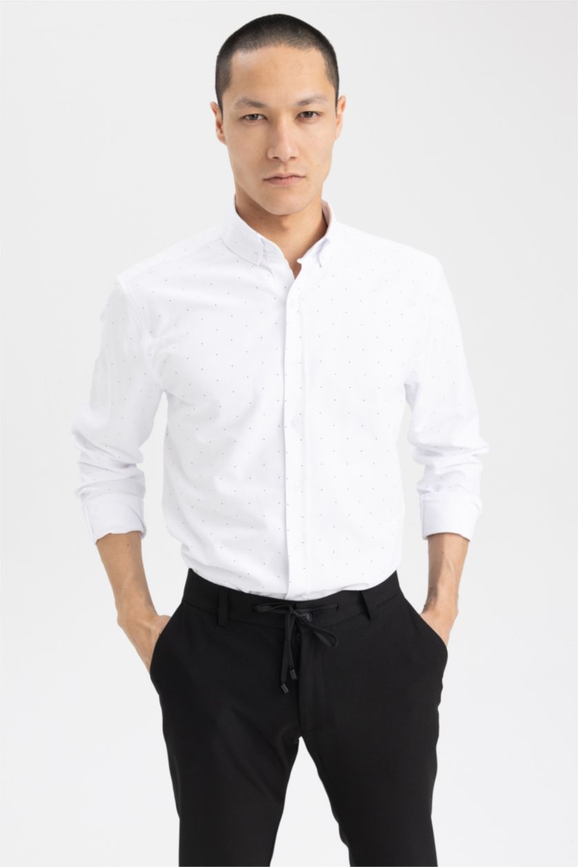HOMME Blanc Chemise en coton imprimée à manches longues Coupe Moderne