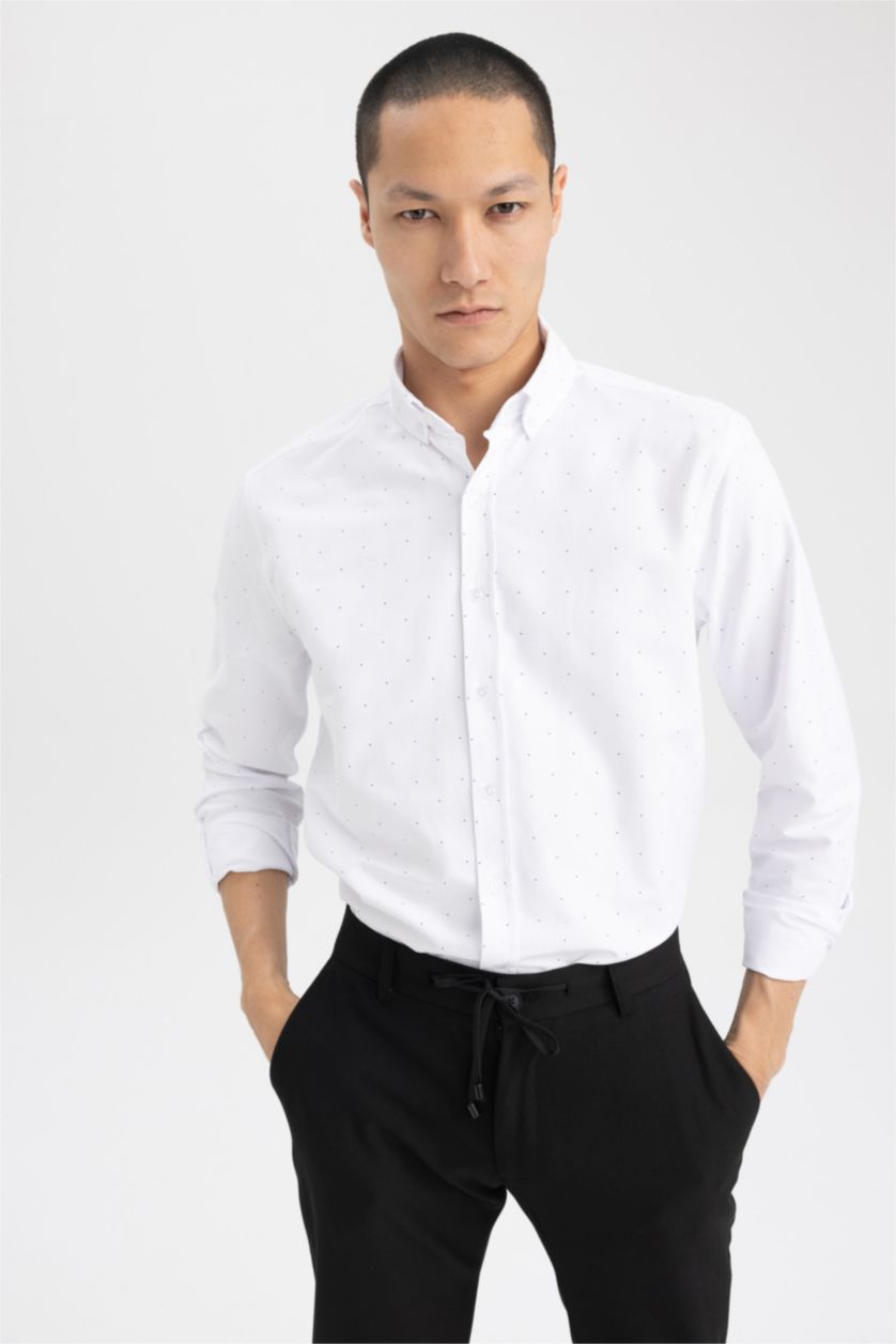 HOMME Blanc Chemise en coton imprimée à manches longues Coupe Moderne