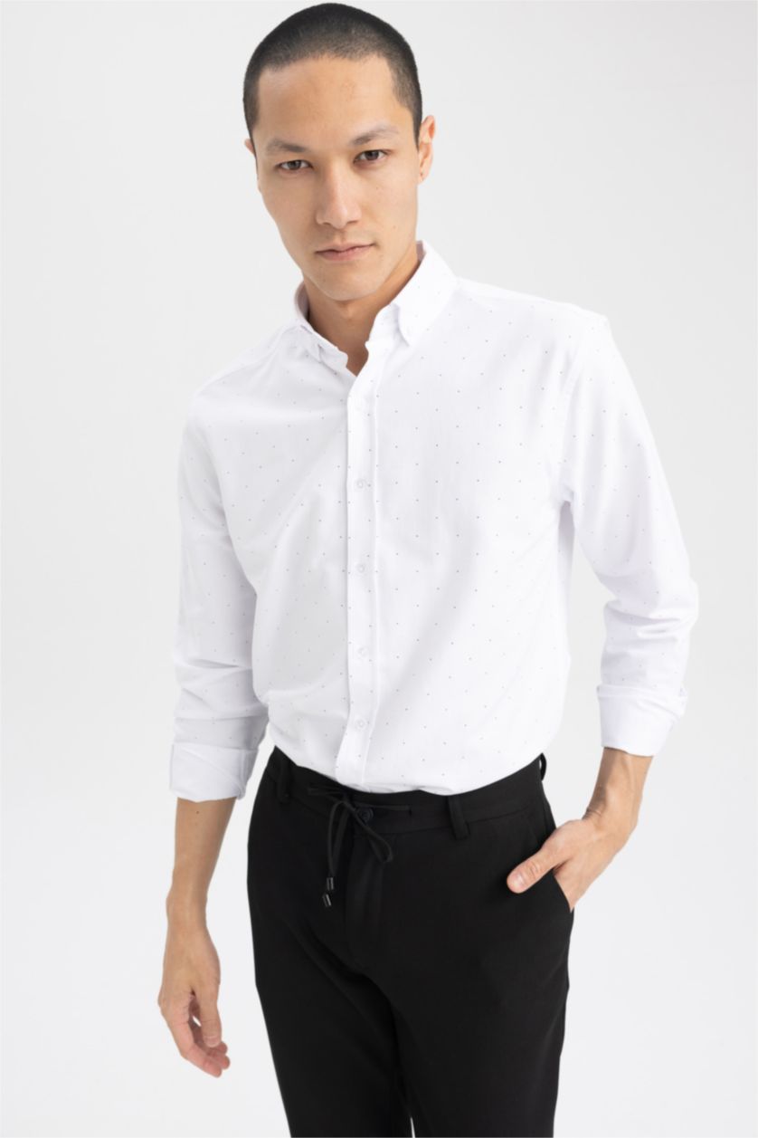 HOMME Blanc Chemise en coton imprimée à manches longues Coupe Moderne