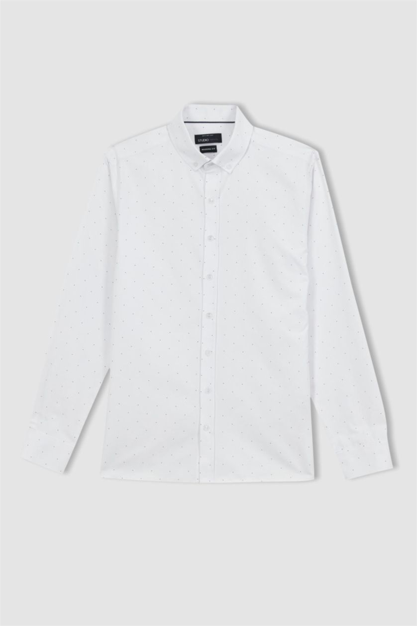 HOMME Blanc Chemise en coton imprimée à manches longues Coupe Moderne