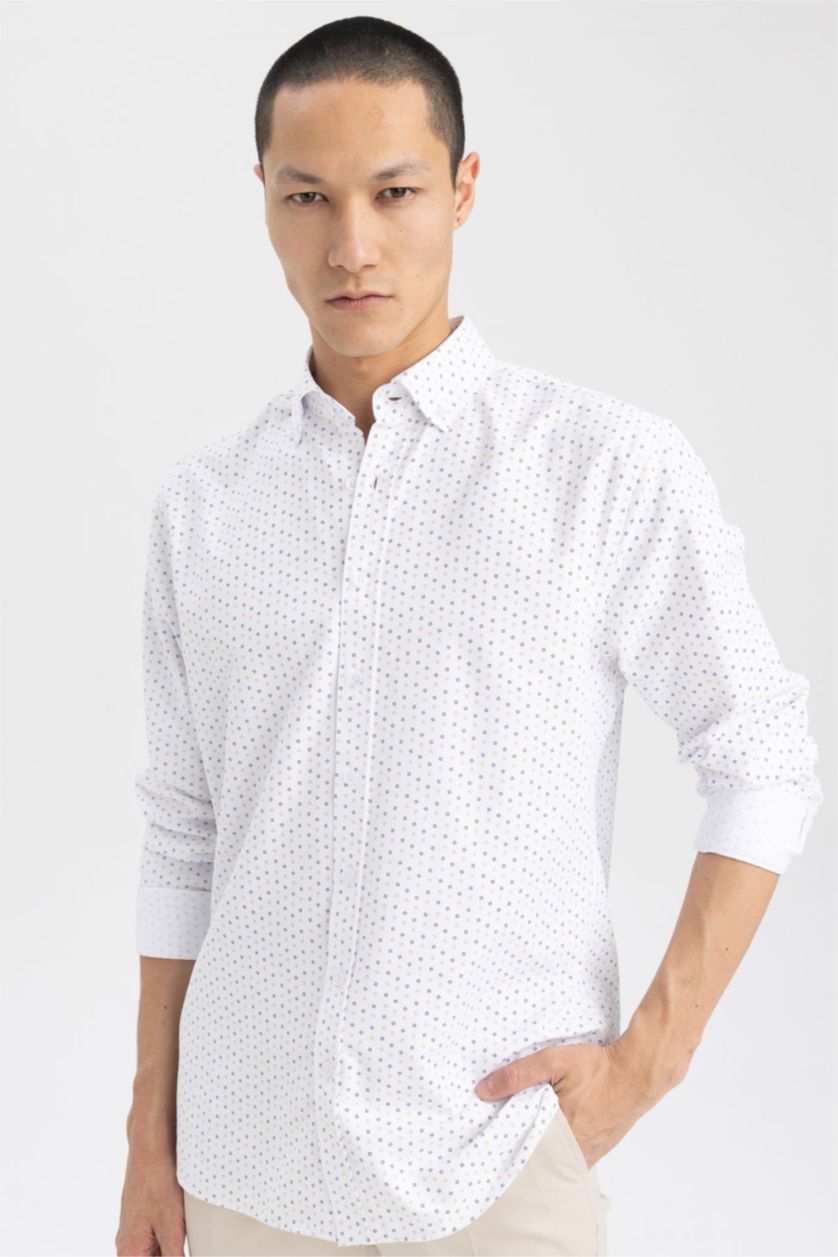 HOMME Blanc Chemise en coton imprimée à manches longues Coupe moderne