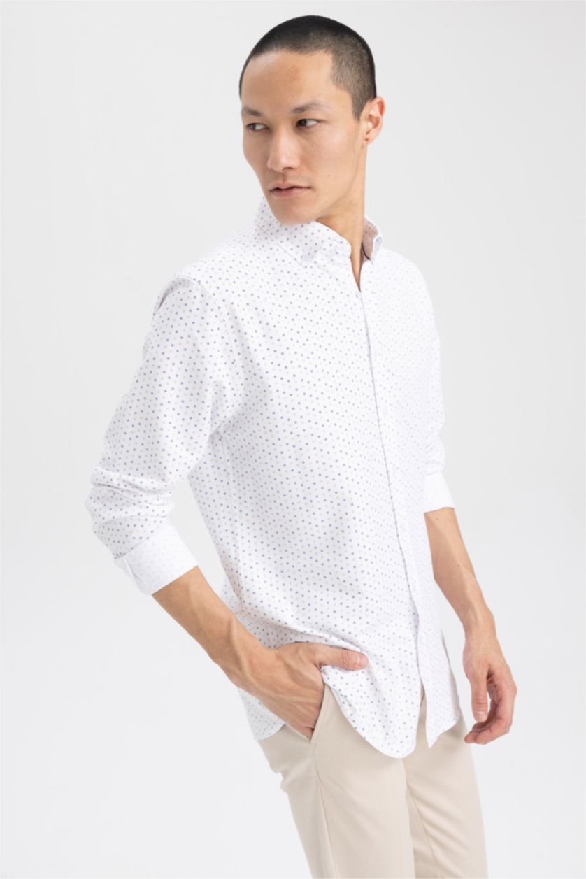 HOMME Blanc Chemise en coton imprimée à manches longues Coupe moderne
