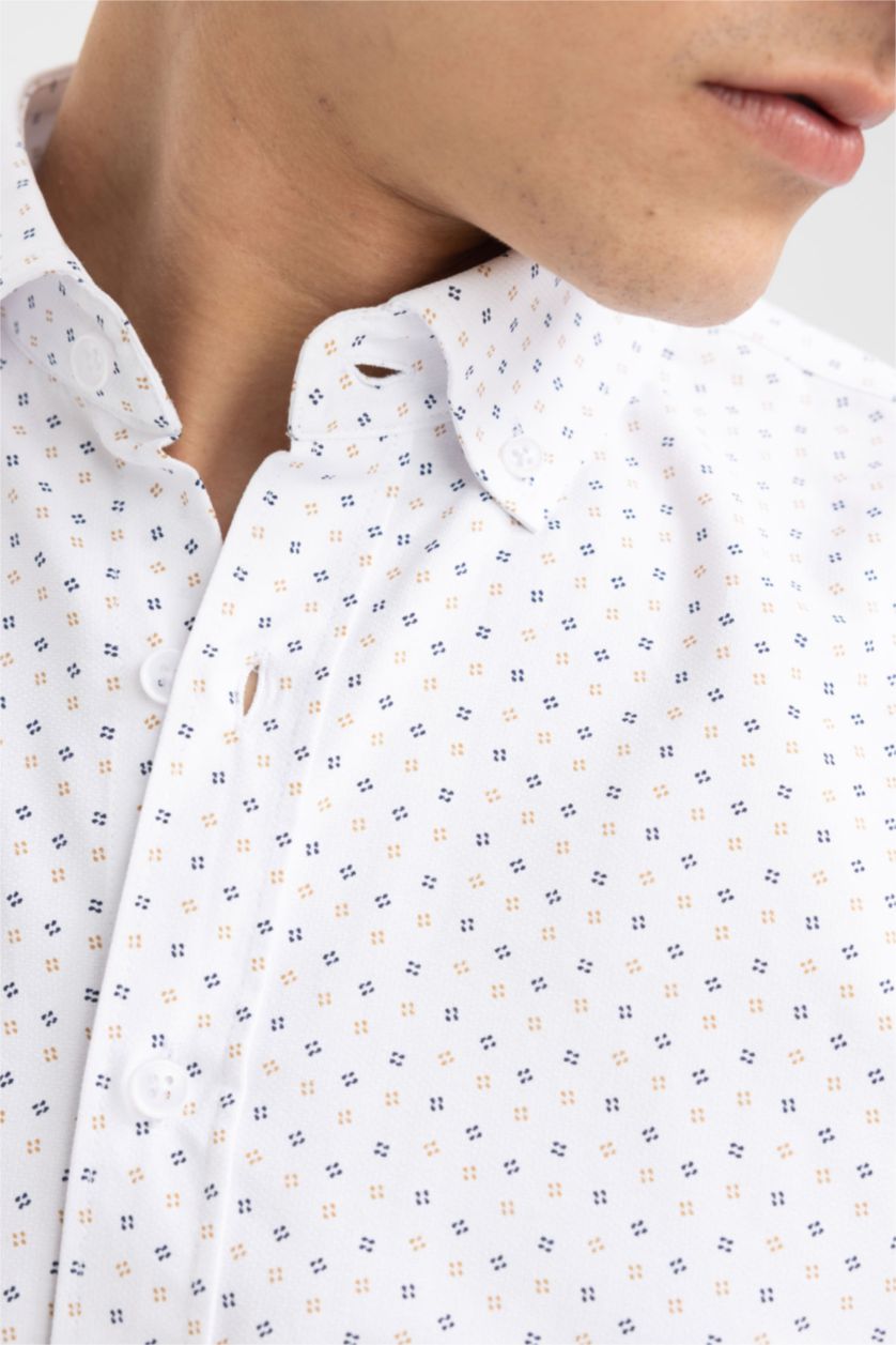 HOMME Blanc Chemise en coton imprimée à manches longues Coupe moderne