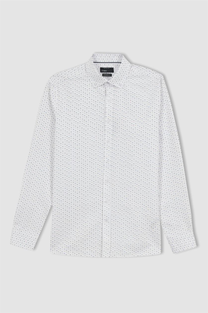 HOMME Blanc Chemise en coton imprimée à manches longues Coupe moderne