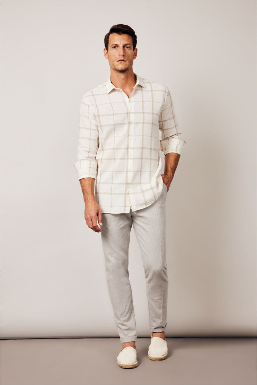 Мужчины Кремовый Рубашка приталенного кроя в клетку