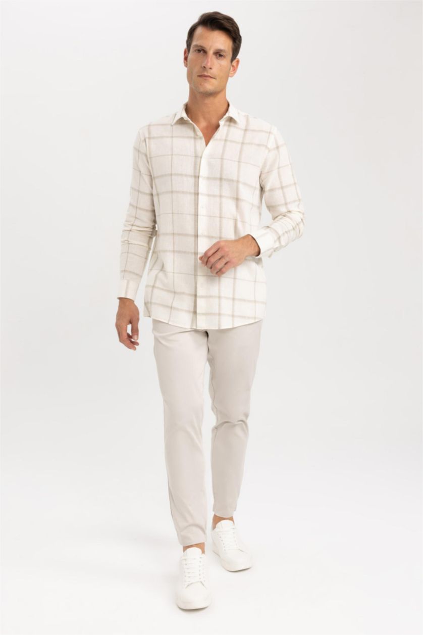 Мужчины Кремовый Рубашка приталенного кроя в клетку
