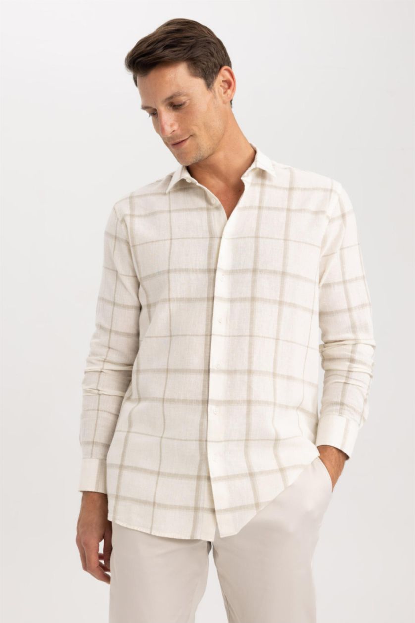 Мужчины Кремовый Рубашка приталенного кроя в клетку