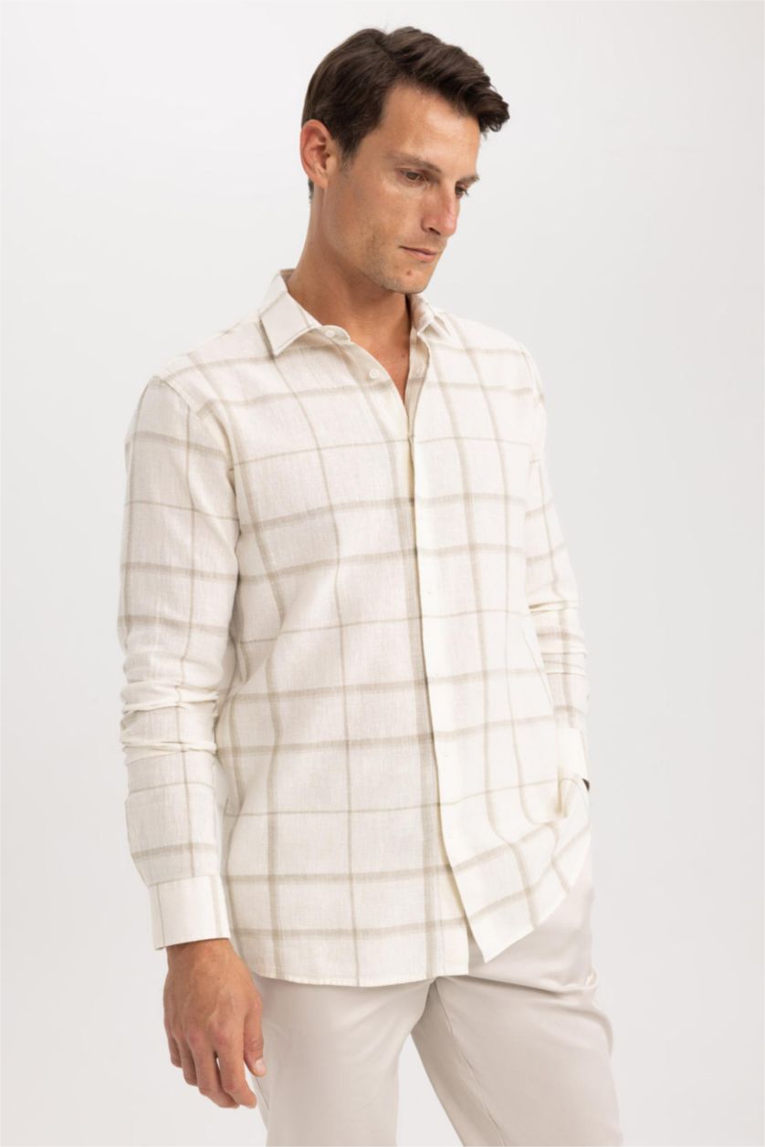 Мужчины Кремовый Рубашка приталенного кроя в клетку