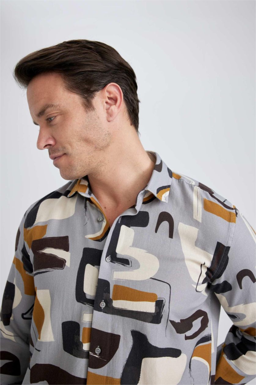 رجالي رمادي قميص بولو قطن منقوش قصة عادية