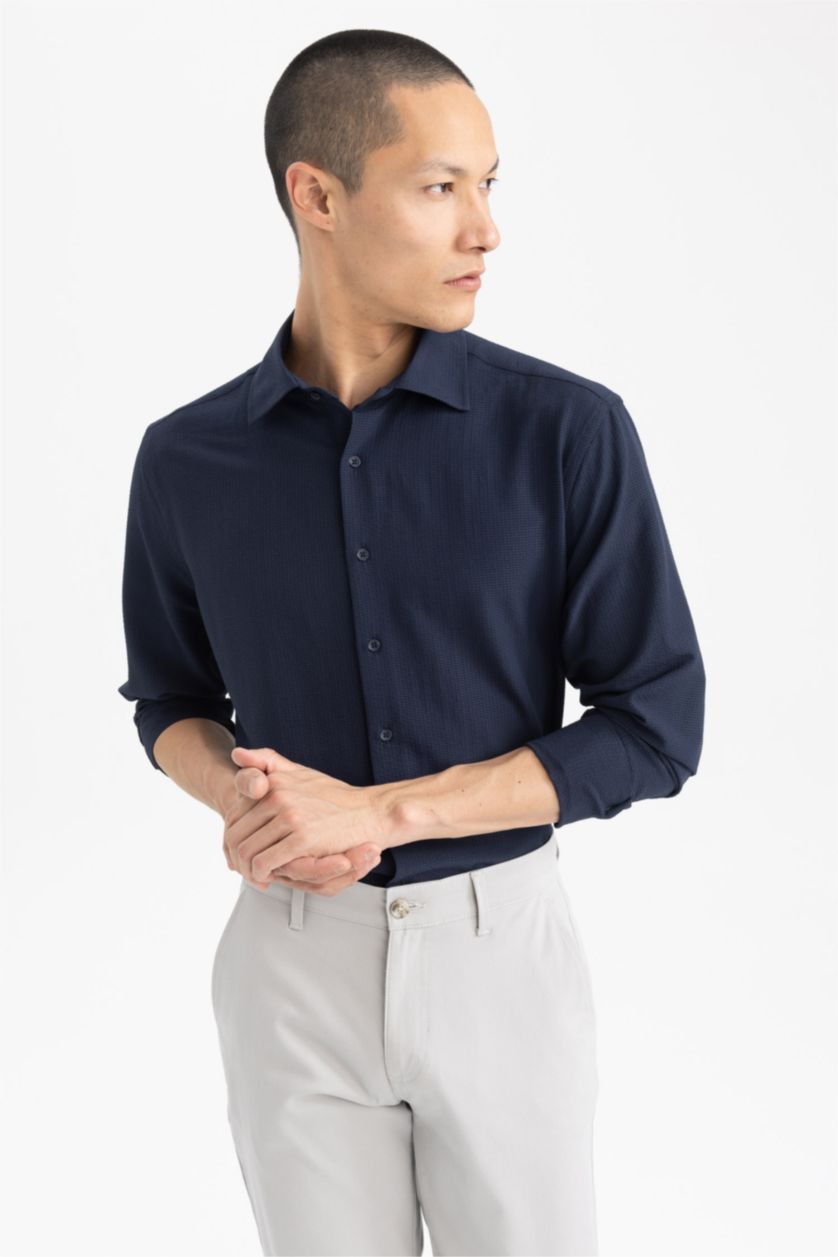 HOMME Marin Chemise Coupe Moderne Col Polo à Manches Longues