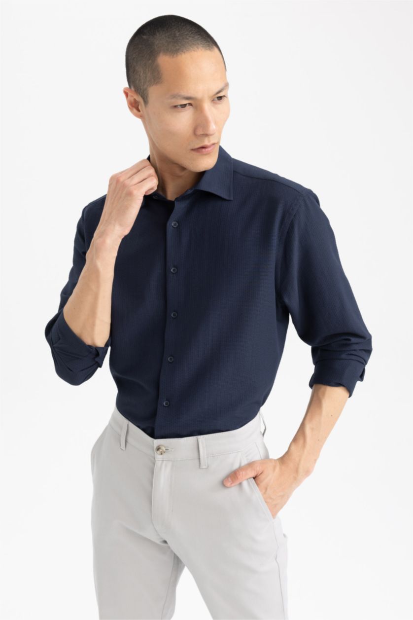 HOMME Marin Chemise Coupe Moderne Col Polo à Manches Longues
