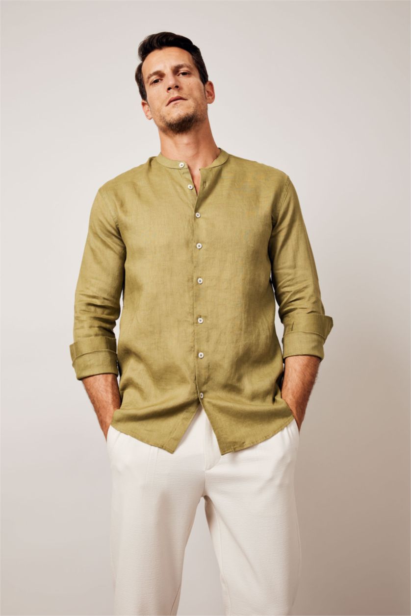 Мужчины Хаки Рубашка приталенного кроя с круглым вырезом из 100% льна