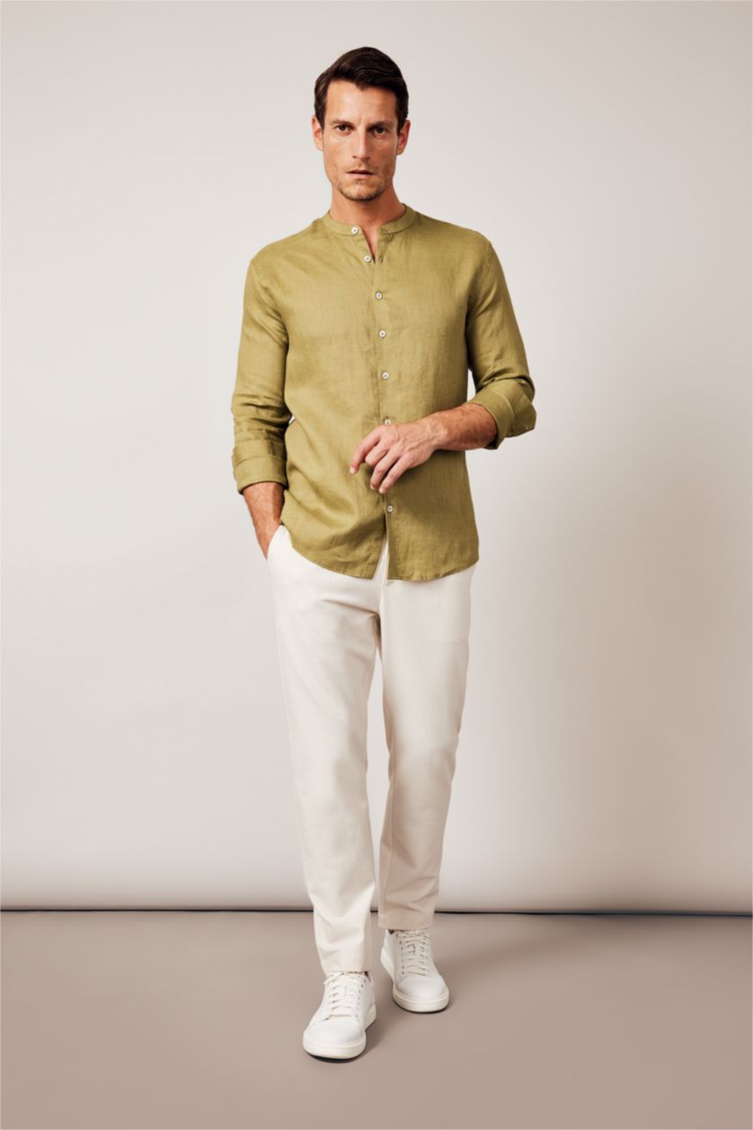 Мужчины Хаки Рубашка приталенного кроя с круглым вырезом из 100% льна