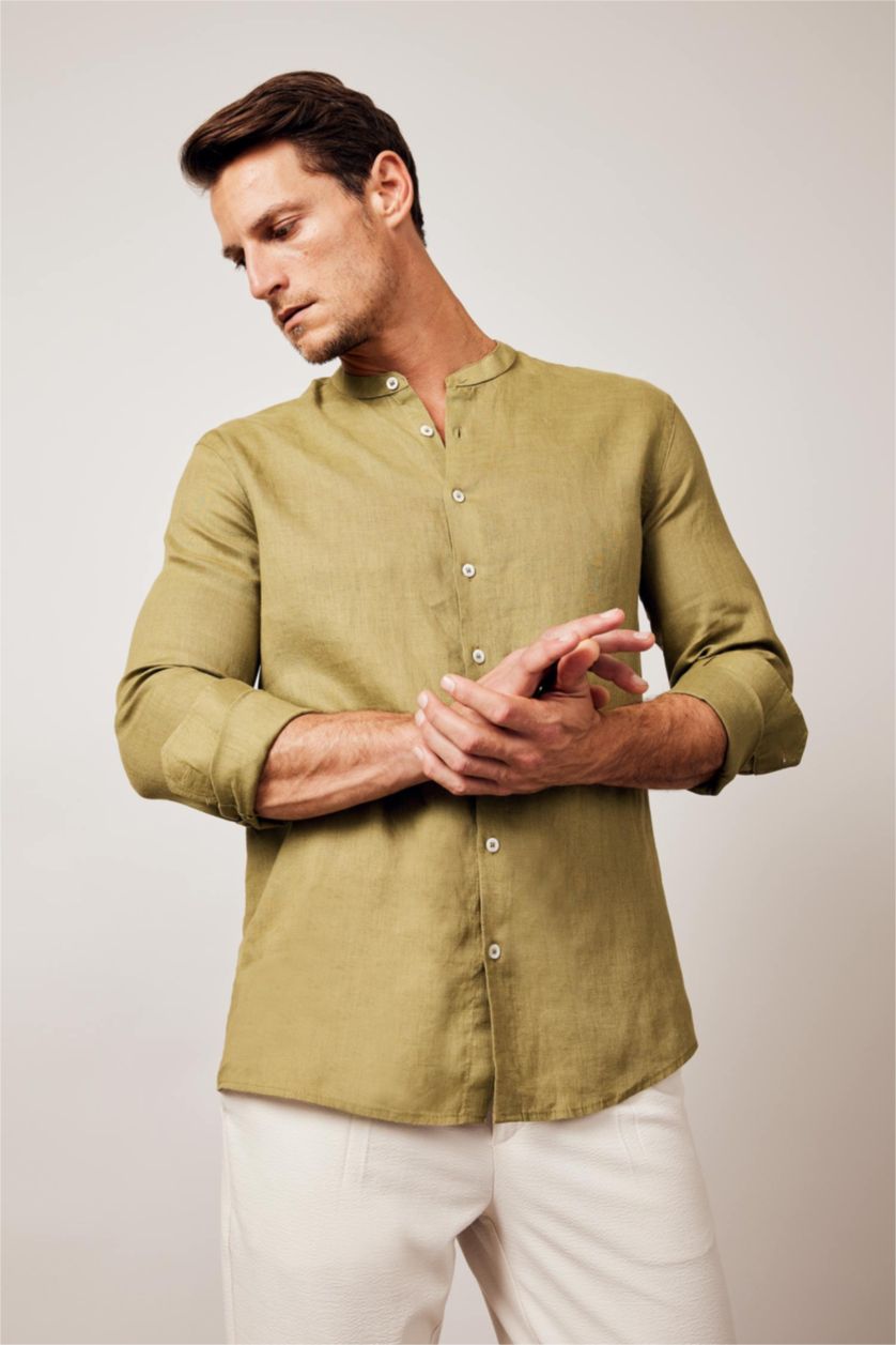 Мужчины Хаки Рубашка приталенного кроя с круглым вырезом из 100% льна
