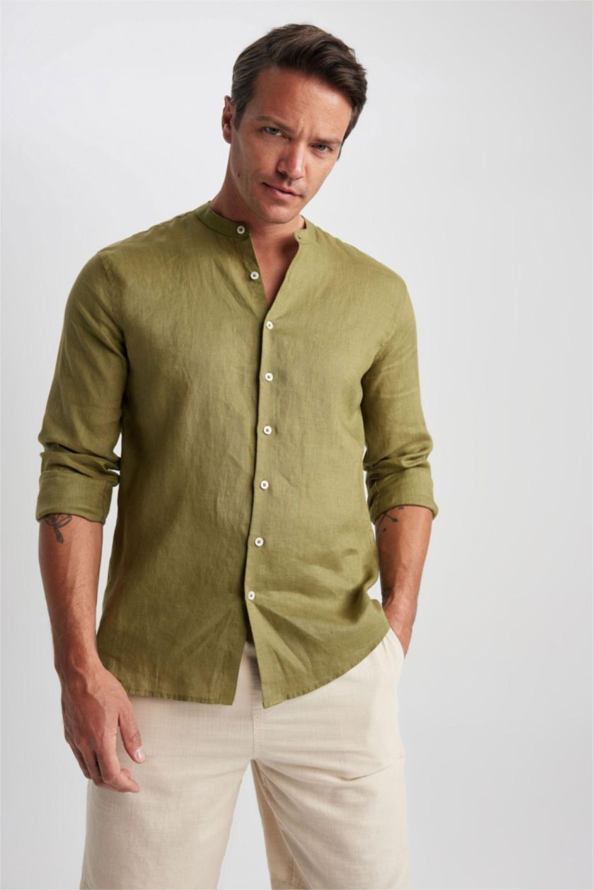 Мужчины Хаки Рубашка приталенного кроя с круглым вырезом из 100% льна
