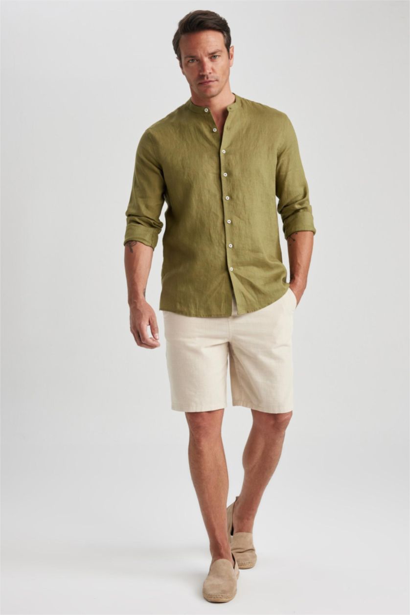 Мужчины Хаки Рубашка приталенного кроя с круглым вырезом из 100% льна