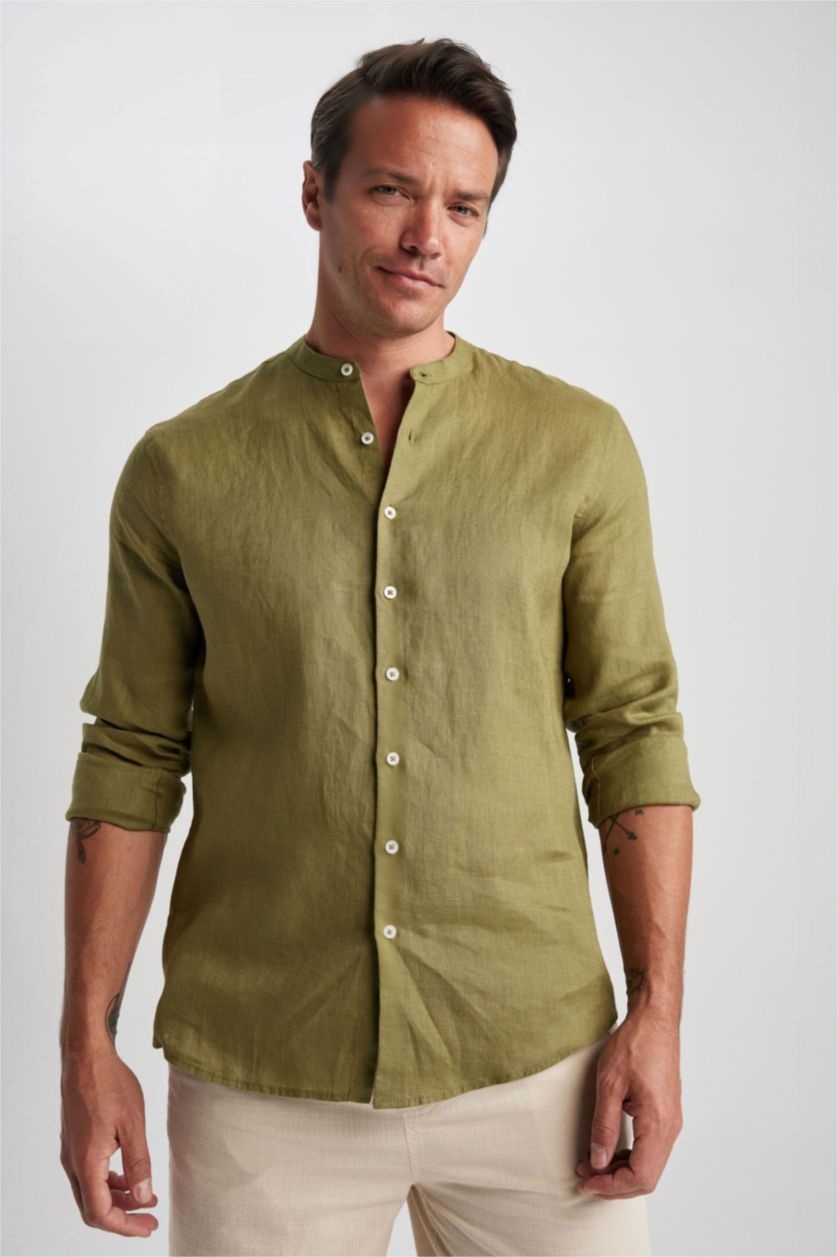 Мужчины Хаки Рубашка приталенного кроя с круглым вырезом из 100% льна