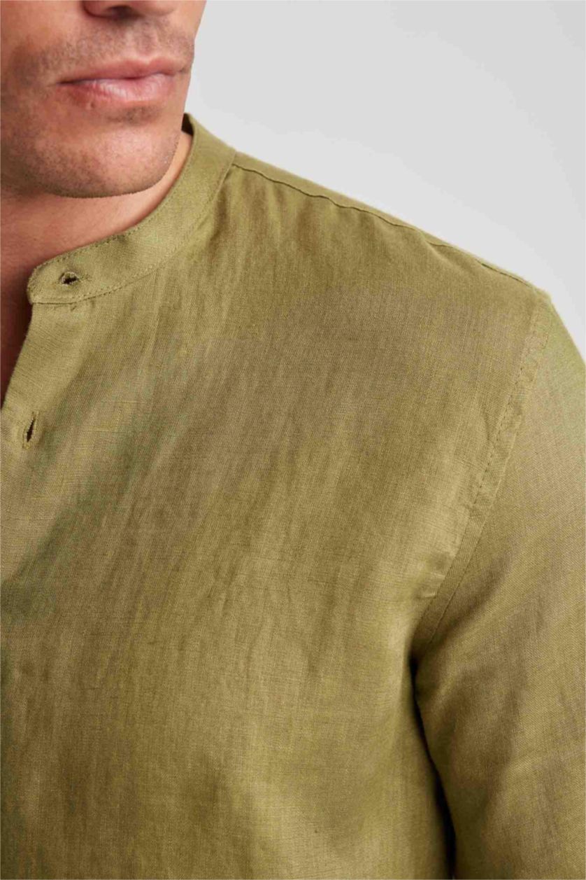 Мужчины Хаки Рубашка приталенного кроя с круглым вырезом из 100% льна