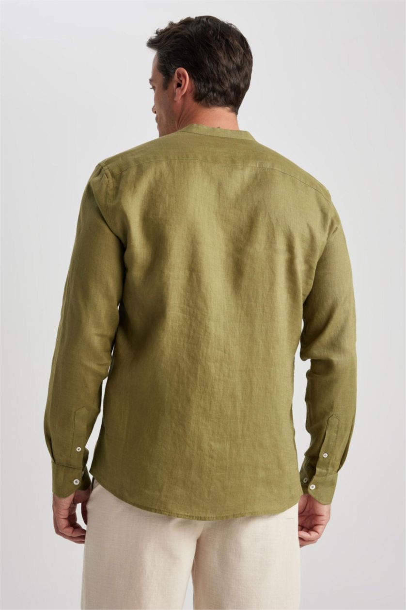 Мужчины Хаки Рубашка приталенного кроя с круглым вырезом из 100% льна