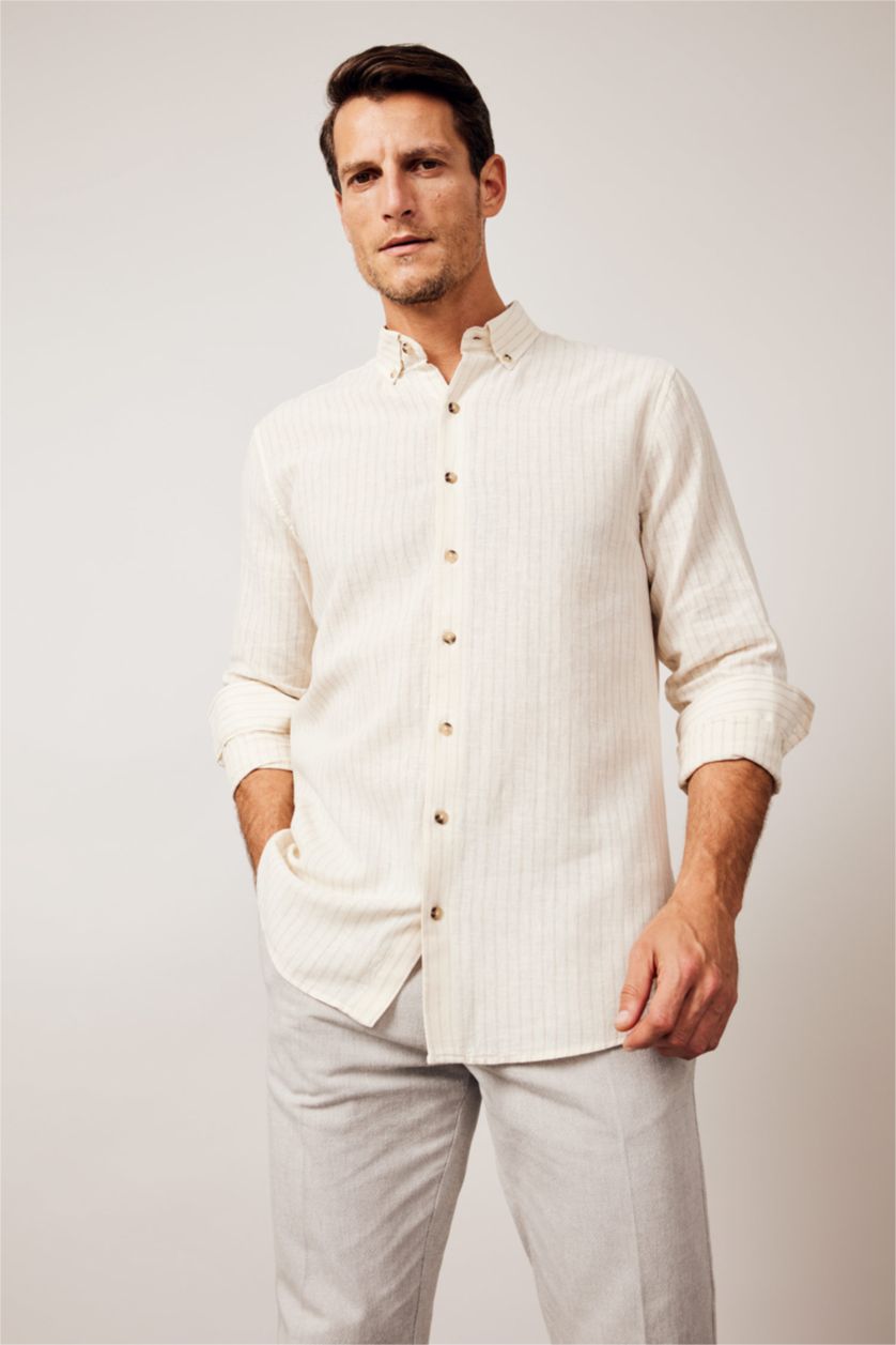 Мужчины Кремовый Рубашка приталенного кроя в полоску