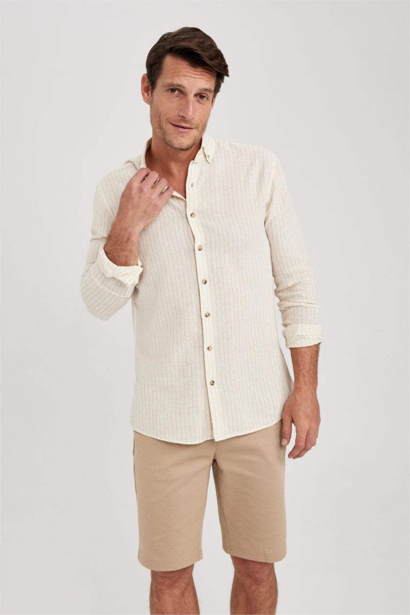 Мужчины Кремовый Рубашка приталенного кроя в полоску