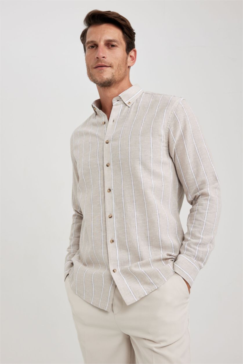 Мужчины Бежевый Рубашка приталенного кроя в полоску