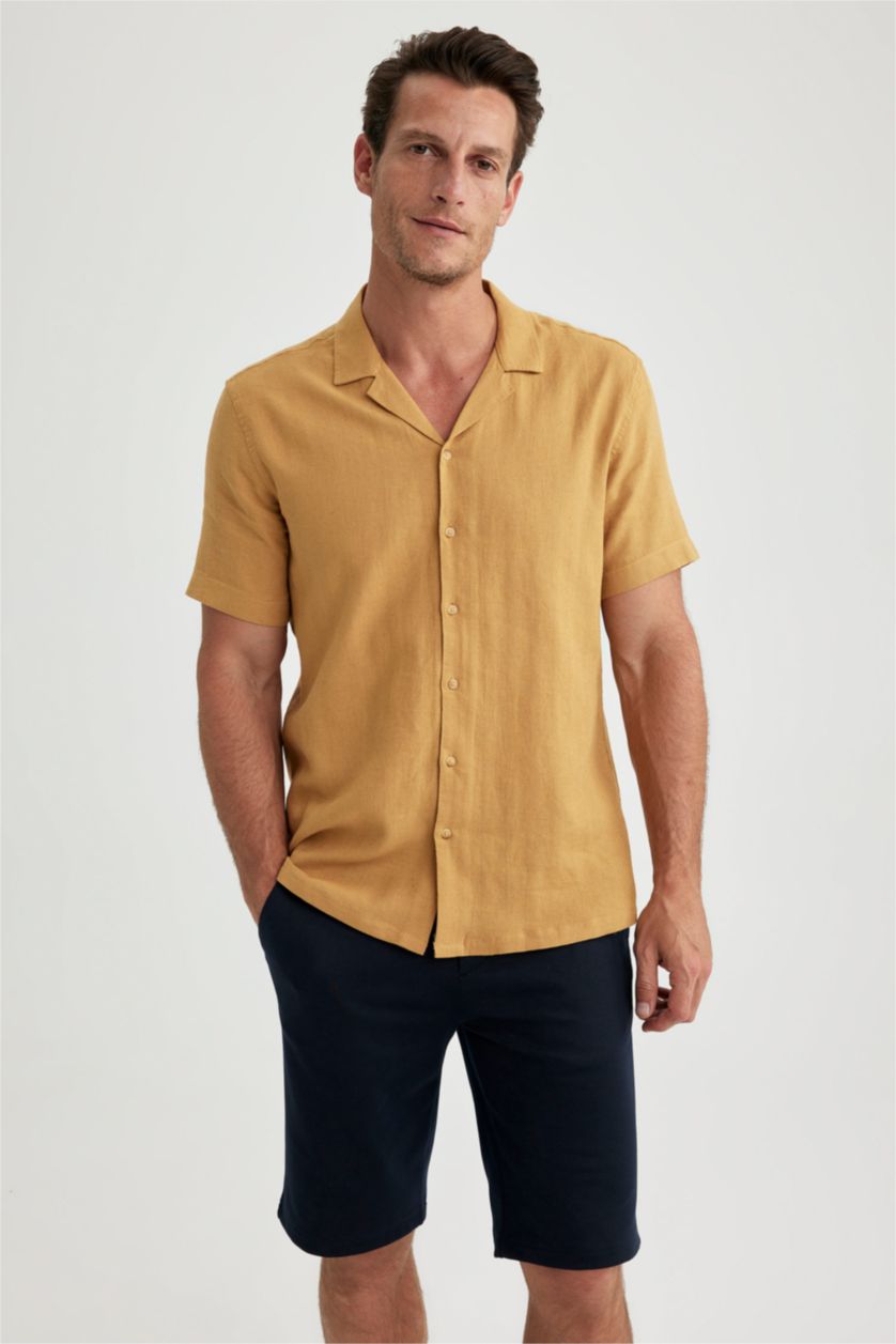 MAN Camel Modern Fit Resort Neck Short Sleeve Shirt