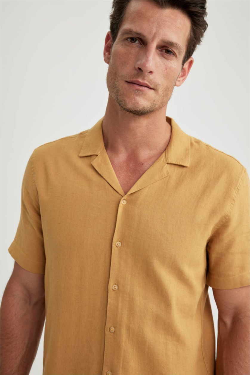 MAN Camel Modern Fit Resort Neck Short Sleeve Shirt