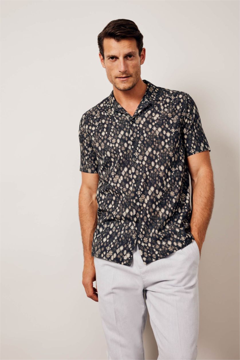 HOMME Noir Chemise courte à manches courtes imprimée en lin mélangé Coupe moderne