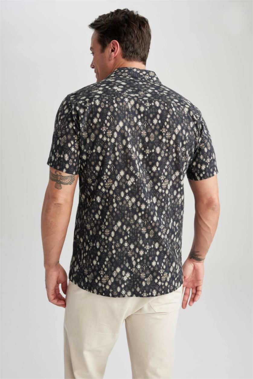 HOMME Noir Chemise courte à manches courtes imprimée en lin mélangé Coupe moderne