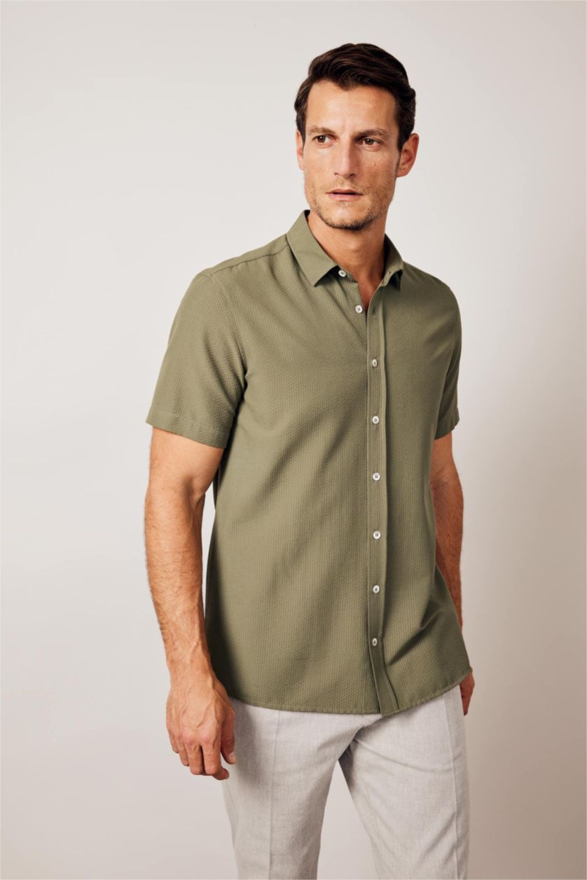 MAN Khaki Regular Fit Polo Collar Crinkle Short Sleeve Shirt