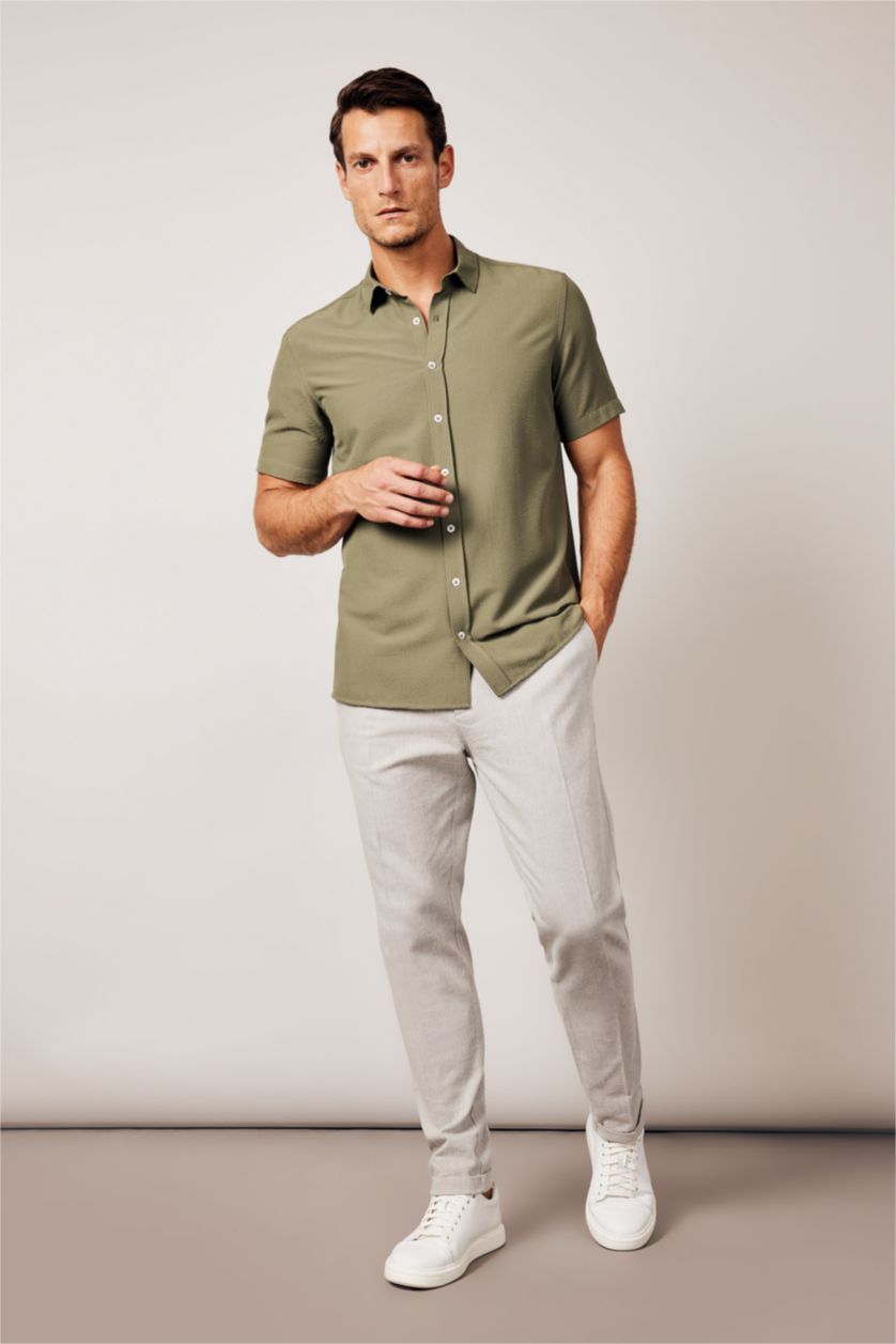 MAN Khaki Regular Fit Polo Collar Crinkle Short Sleeve Shirt