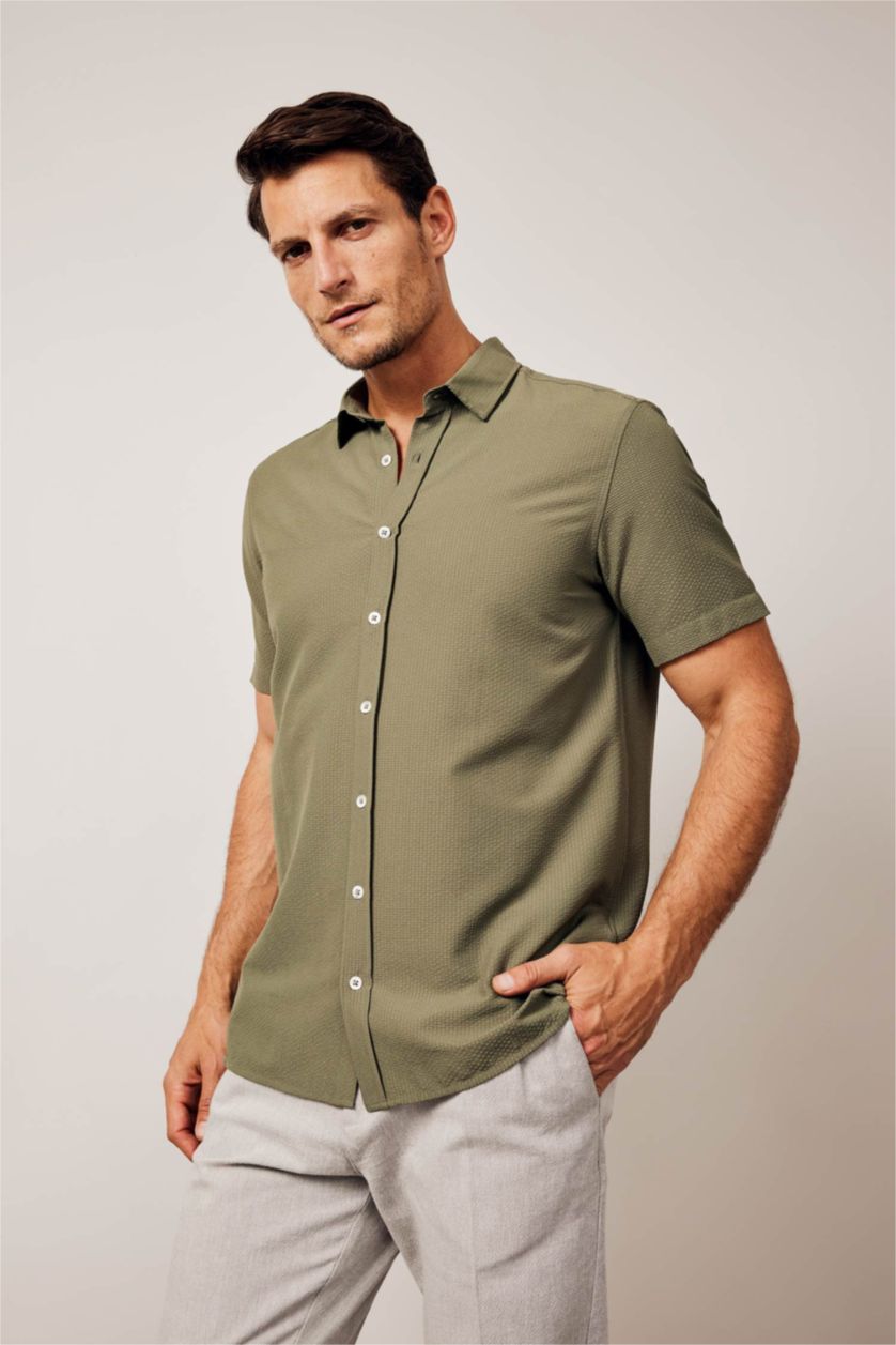 MAN Khaki Regular Fit Polo Collar Crinkle Short Sleeve Shirt