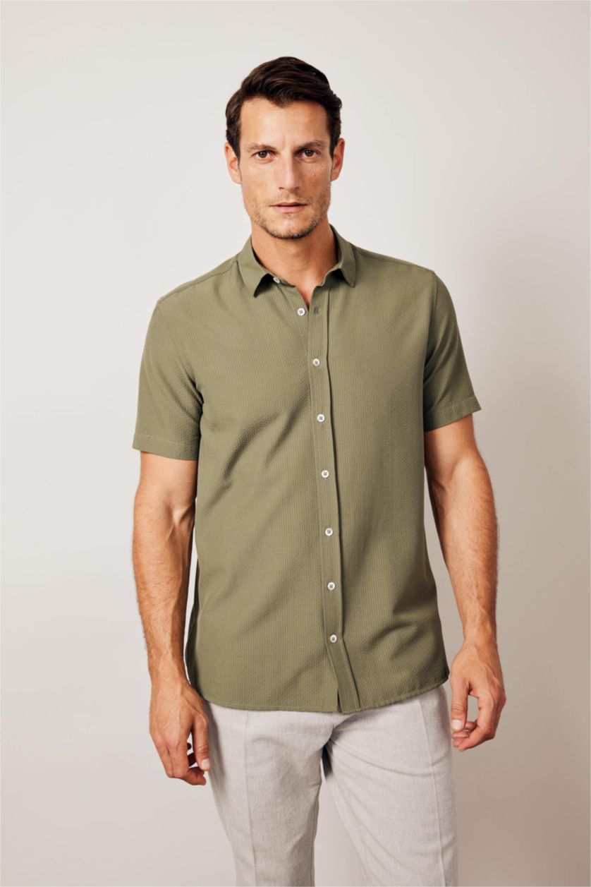 MAN Khaki Regular Fit Polo Collar Crinkle Short Sleeve Shirt