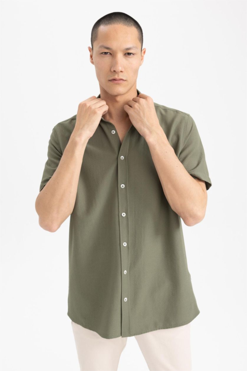MAN Khaki Regular Fit Polo Collar Crinkle Short Sleeve Shirt
