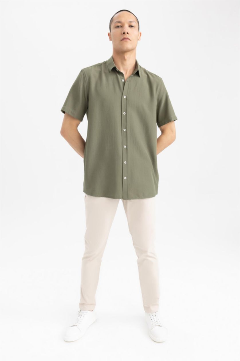 MAN Khaki Regular Fit Polo Collar Crinkle Short Sleeve Shirt