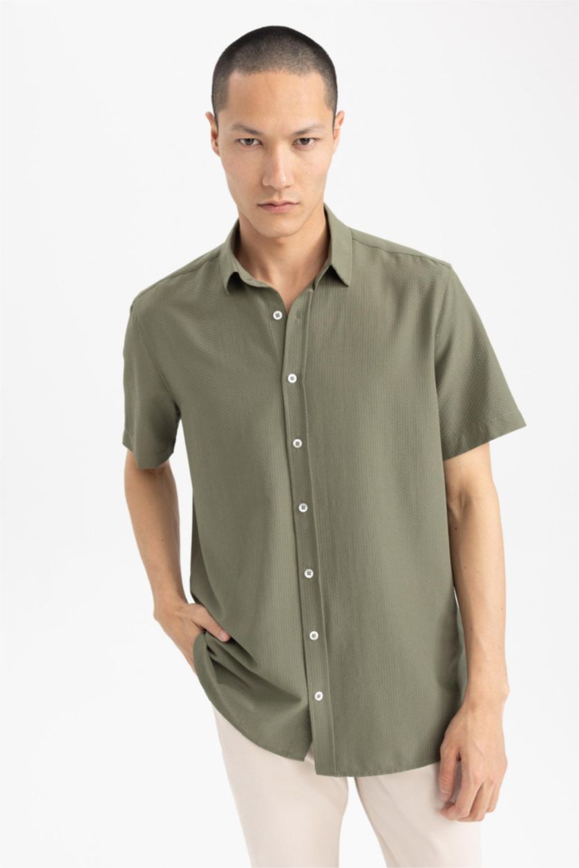 MAN Khaki Regular Fit Polo Collar Crinkle Short Sleeve Shirt