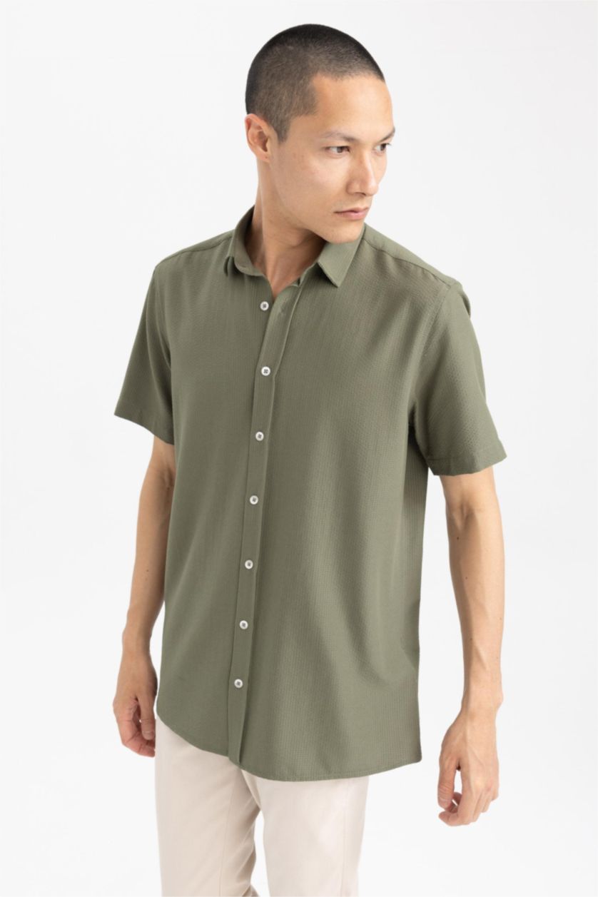 MAN Khaki Regular Fit Polo Collar Crinkle Short Sleeve Shirt