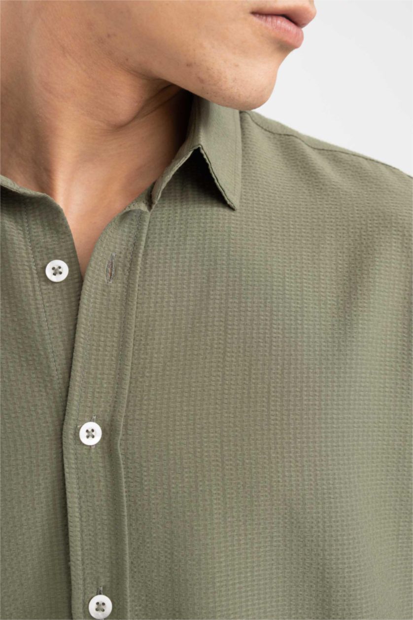 MAN Khaki Regular Fit Polo Collar Crinkle Short Sleeve Shirt